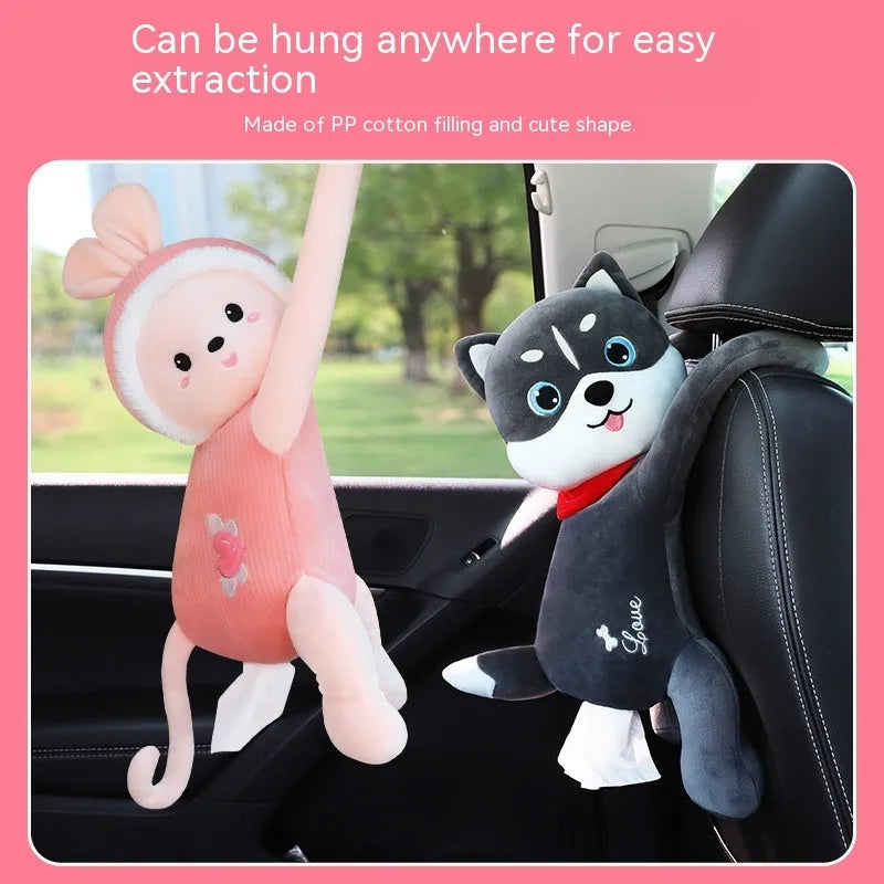 Plush car seat back tissue box holder with cute animal design mounted on car headrest