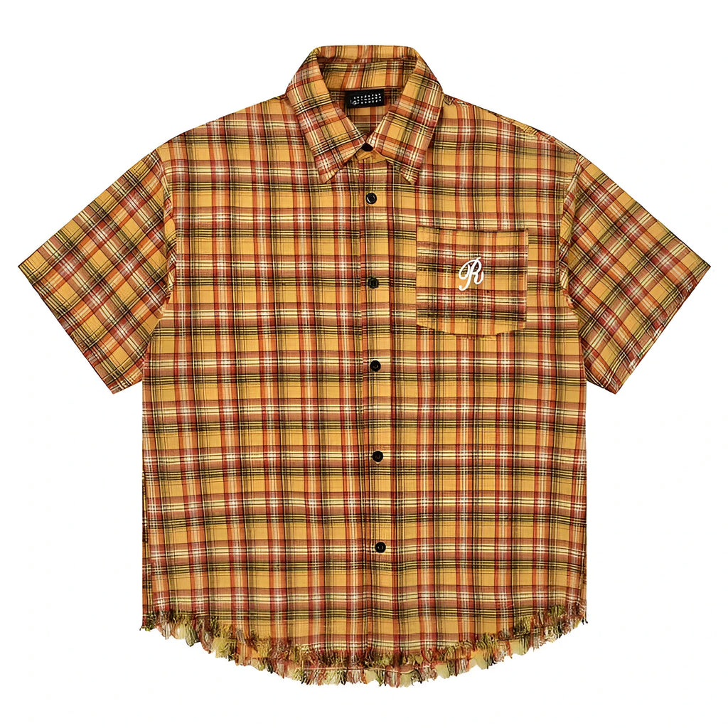 Yellow plaid short sleeve shirt with embroidered pocket detail and loose fit design