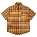 Yellow plaid short sleeve shirt with embroidered pocket detail and loose fit design