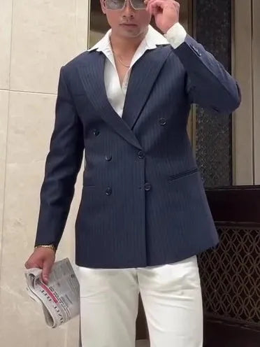 Men's striped double-breasted polyester blazer on hanger showing regular fit design