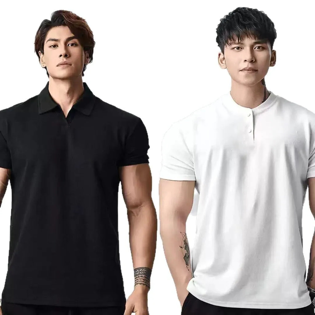 Men's loose fit polyester T-shirt in solid colour with choice of Henry or polo collar