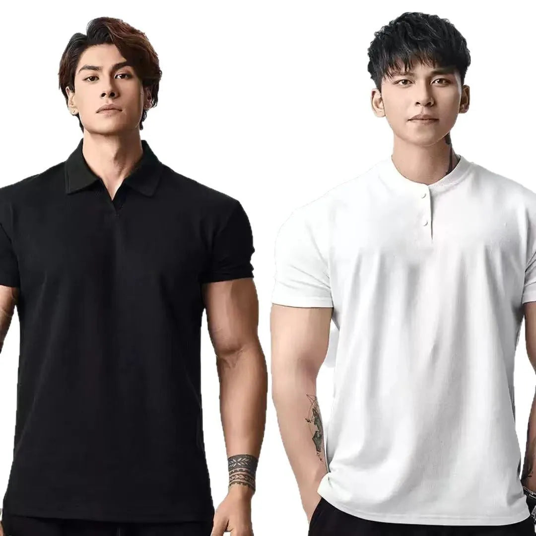 Men's loose fit polyester T-shirt in solid colour with choice of Henry or polo collar