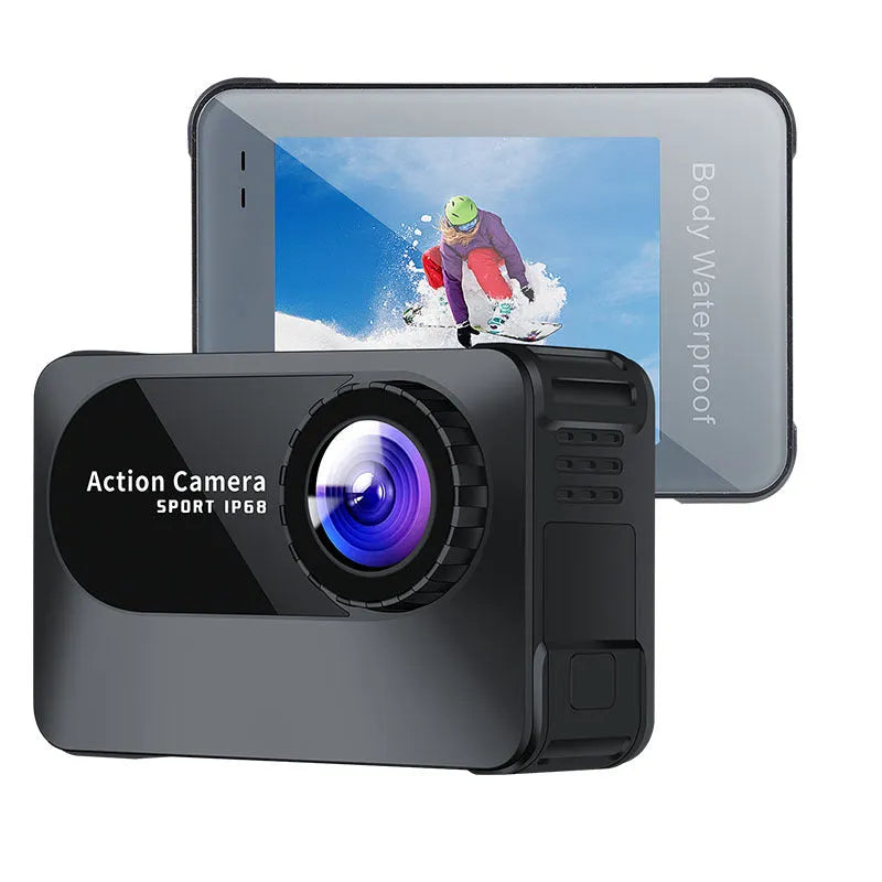 Black outdoor action camera with wide-angle lens, showing compact size and touch screen.