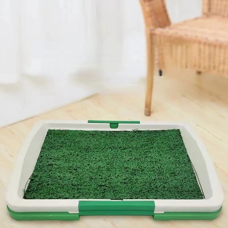 Green artificial grass pet toilet tray with three layer construction for indoor puppy training