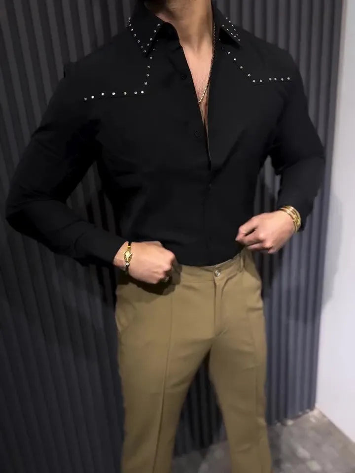Black polyester button-down collar shirt with regular fit, front view, on plain background.