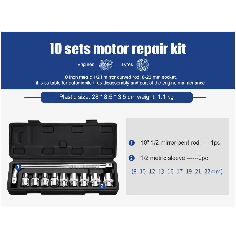 Cr-V steel socket ratchet wrench set with multiple piece count options on a workbench.