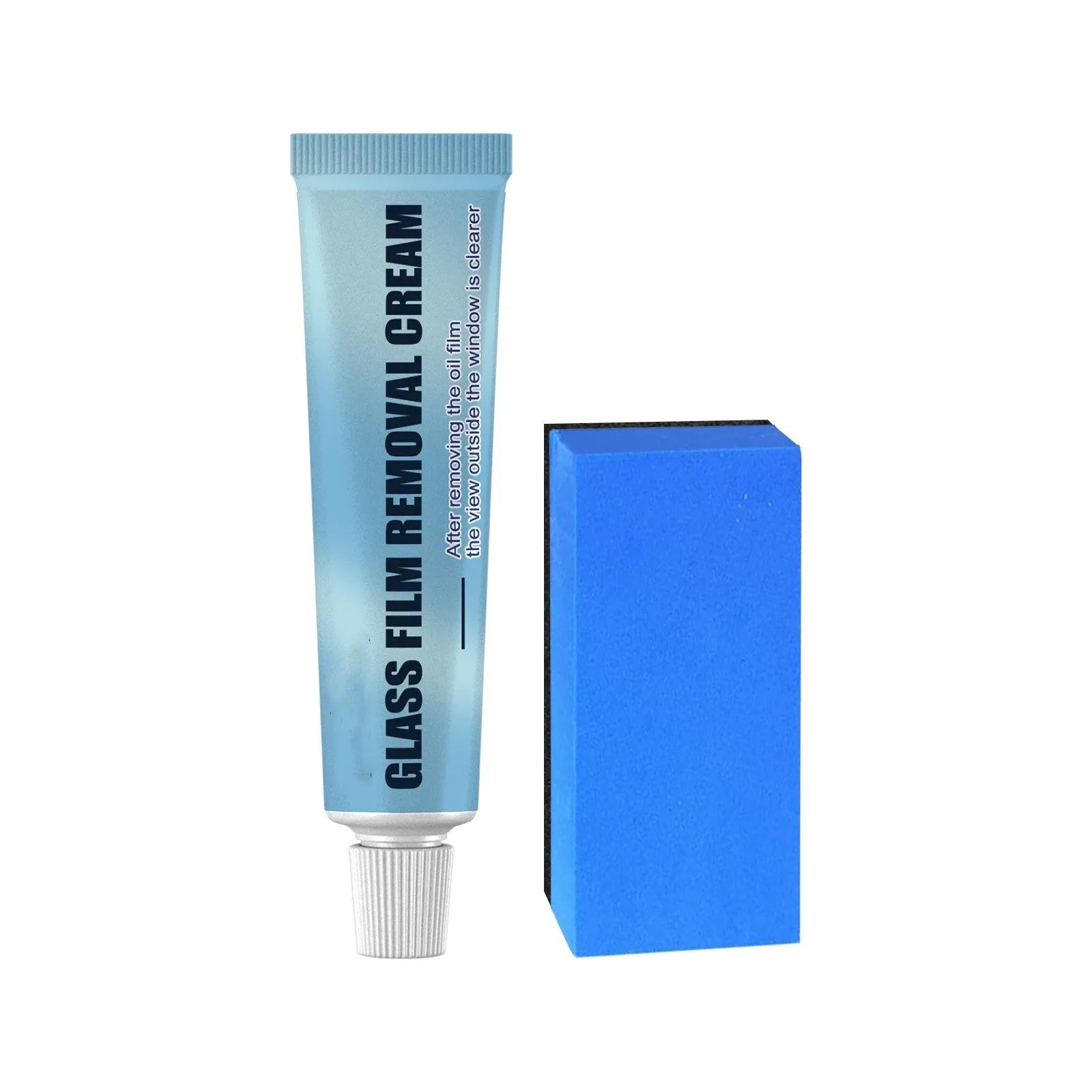 Blue car glass oil film remover and soft sponge applicator on a white background