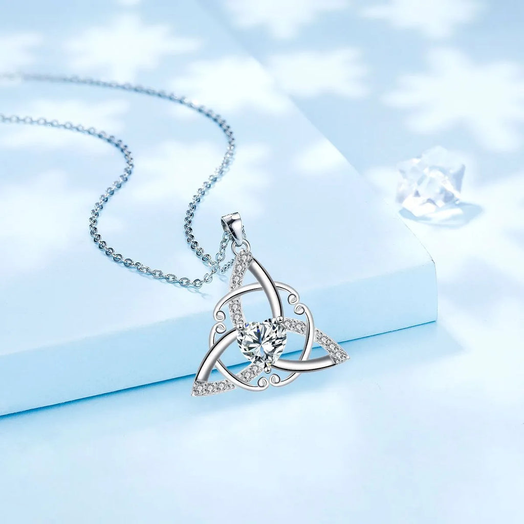 Geometric Celtic knot pendant necklace for women in copper with a choice of electroplated colour finishes.