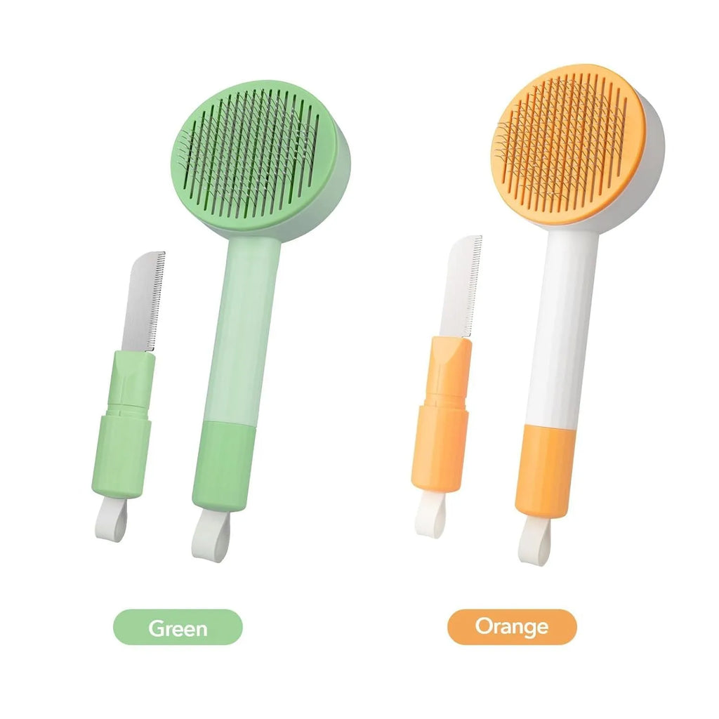 Green and yellow 2-in-1 cat grooming brush with stainless steel deshedding tool and hanging loop