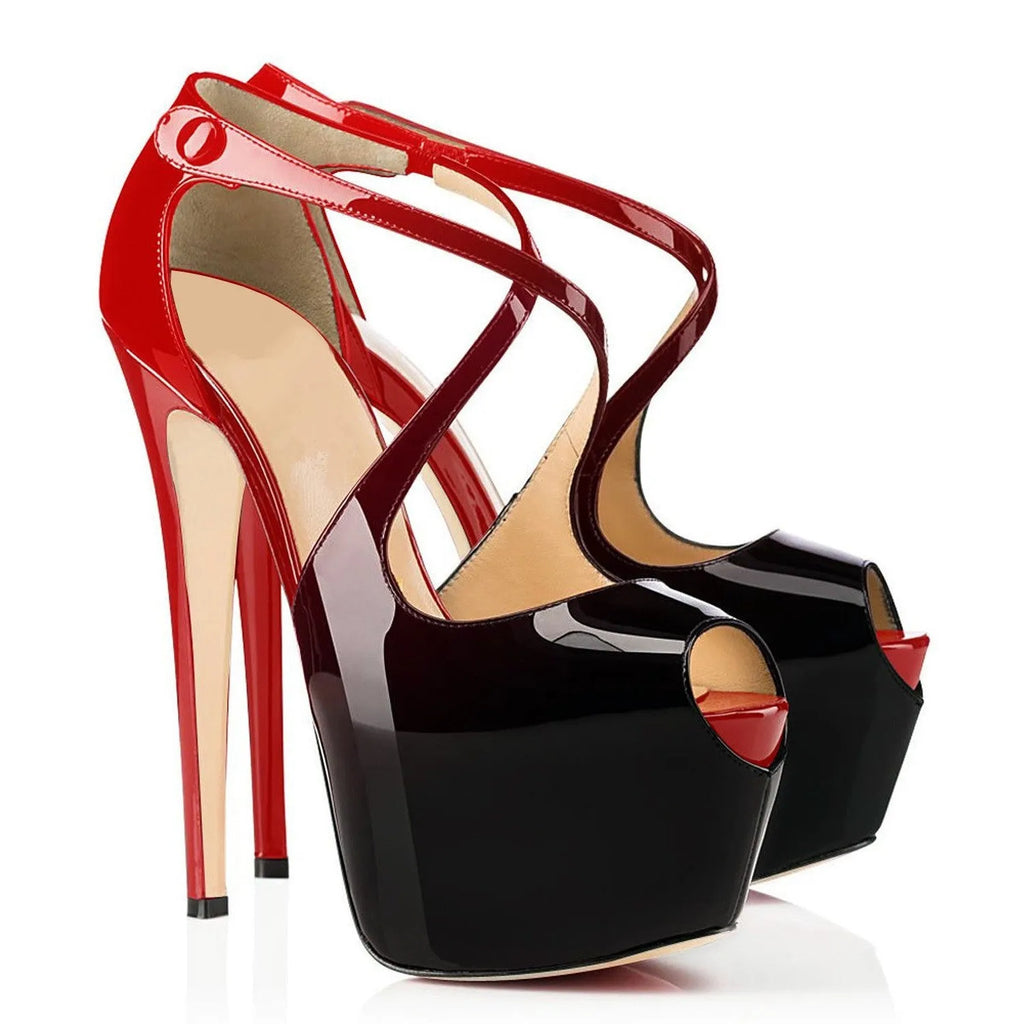 Women's black and red peep toe high heel shoes with cross straps and 8cm+ rubber sole heels