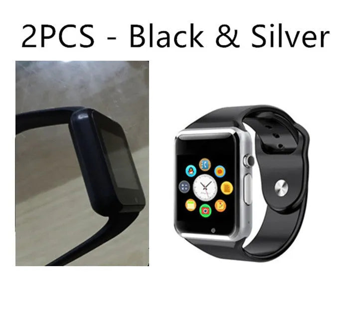 A1 Smart Watch in various colours featuring a 1.54-inch screen, GSM SIM slot, and camera.