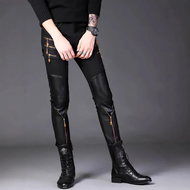 Slim-fit black synthetic leather straight-leg trousers with mid-waist and button fly for youth