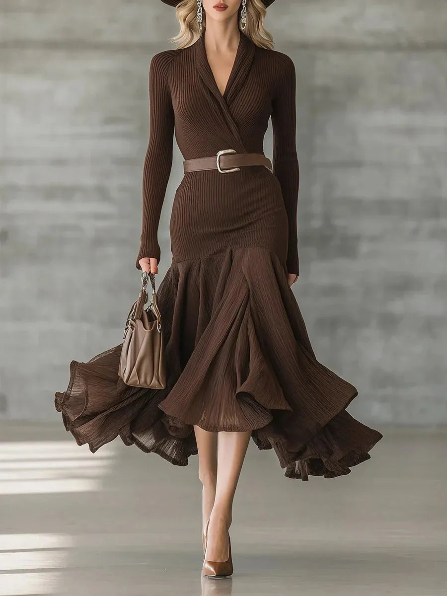 Dark brown stitching V-neck long-sleeve dress with high waist, long asymmetric skirt, and large swing shape