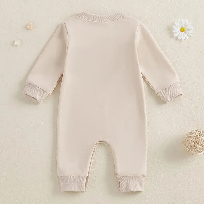 Apricot cotton baby jumpsuit with long sleeves and hide hooks closure for girls 0-18 months