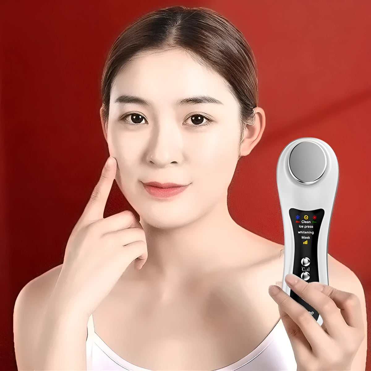 Hot & cold eye massage machine in pearl white with four skin care modes, 178mm long, USB rechargeable