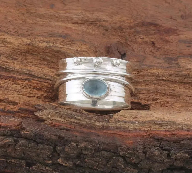 Handmade silver women's ring with natural aquamarine gemstone in geometric cut, retro style, size 4 to 7.5