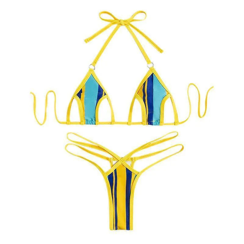 Yellow women's split swimsuit with neck-hanging style and backless high-waist design