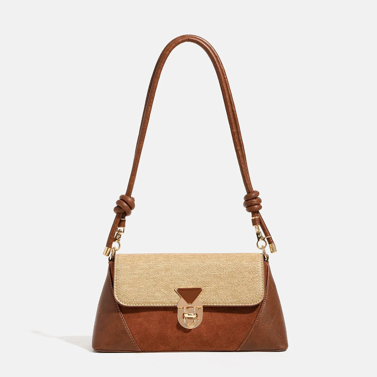 Women's soft PU underarm baguette shoulder handbag in black and caramel colours with single strap