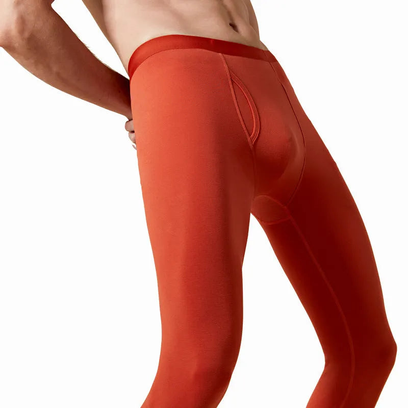 Men's seamless thermal cotton leggings in olive green, size L, flat lay showing smooth fabric and elastic waistband
