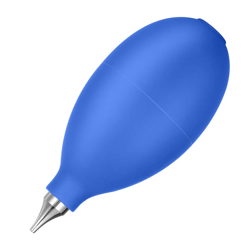 Blue and black handheld rubber dust blower cleaning tool for cameras and electronics.