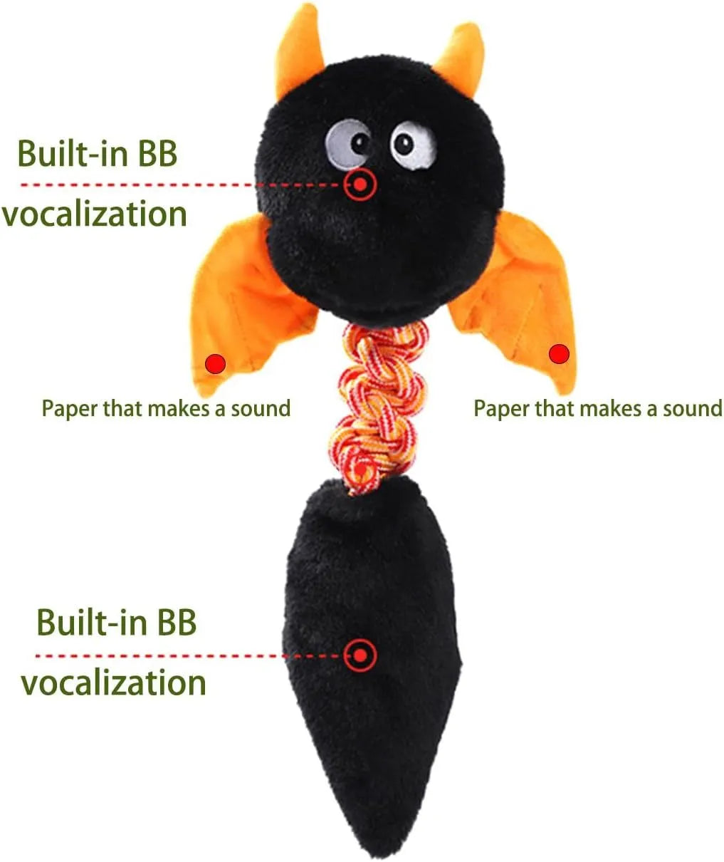 Large black plush dog toy with a cartoon shape, featuring a rope knot and measuring 44cm.