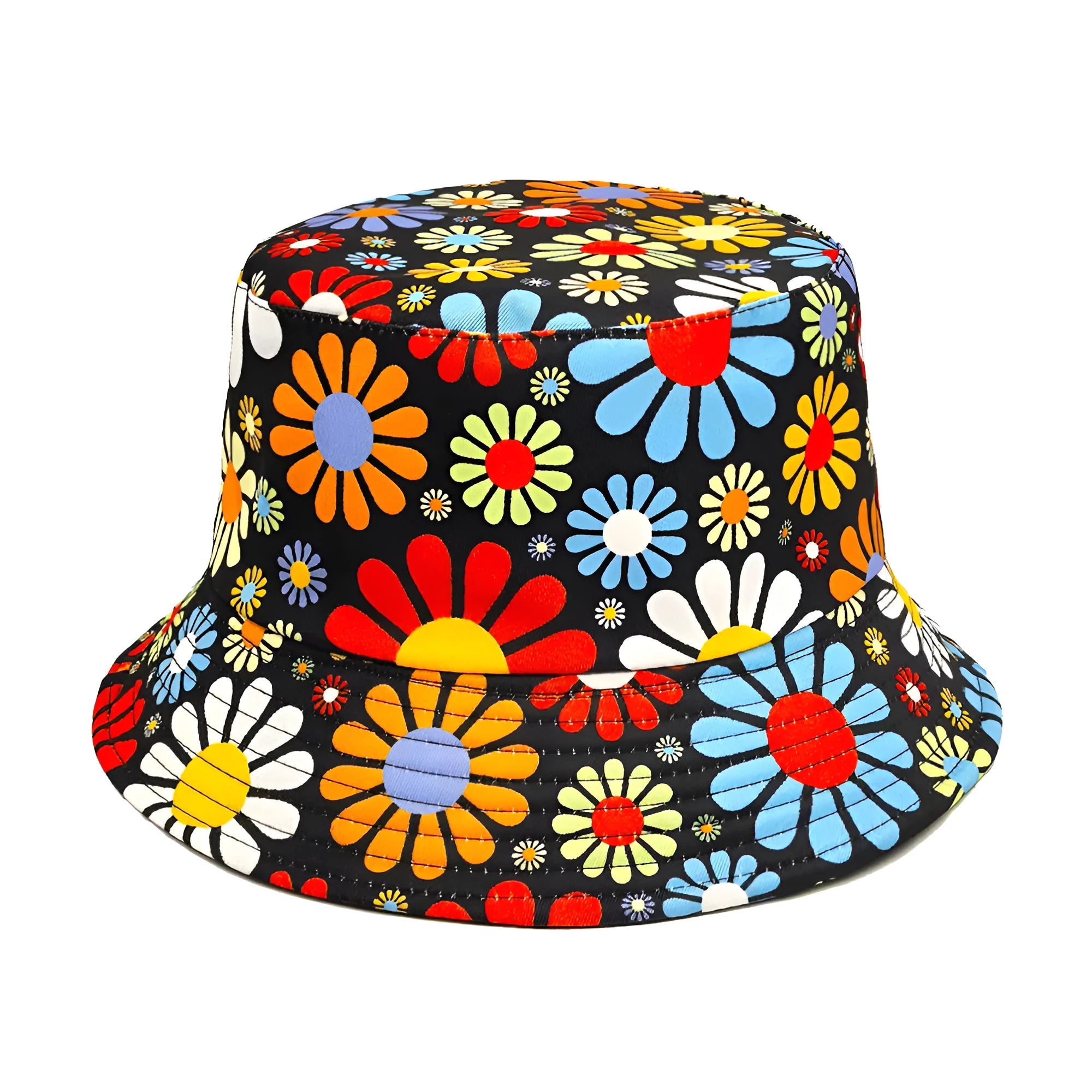 Colourful floral pattern retro bucket sun hat with a dome crown, shown on a neutral background.