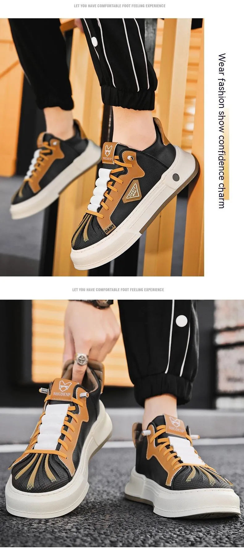 Men's beige and black low-top casual sneakers with elastic band fastening and mesh lining.