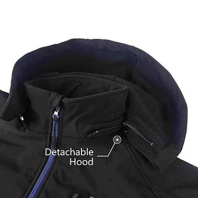 Black USB heated winter waterproof coat for men with zipper pockets and long sleeves