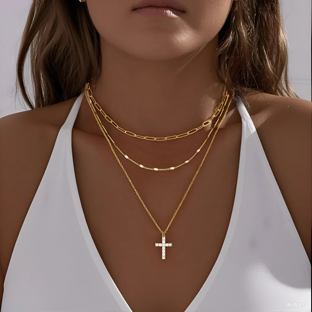 Multi-layer cross pendant necklace in gold electroplated zinc alloy with 41-50cm chain for women