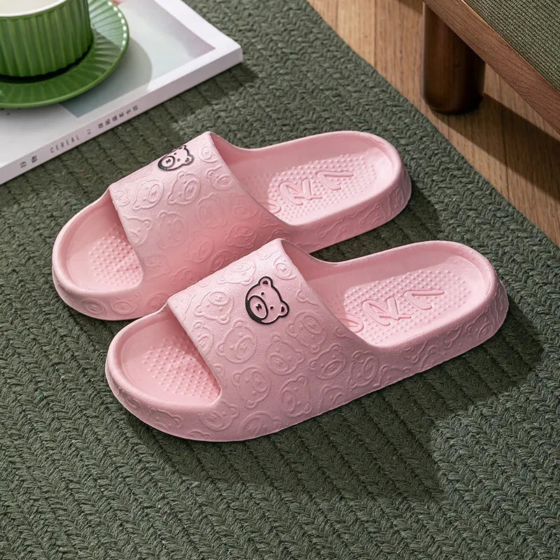 Cute bear non-slip thick sole EVA indoor slippers for women and men in grey colour