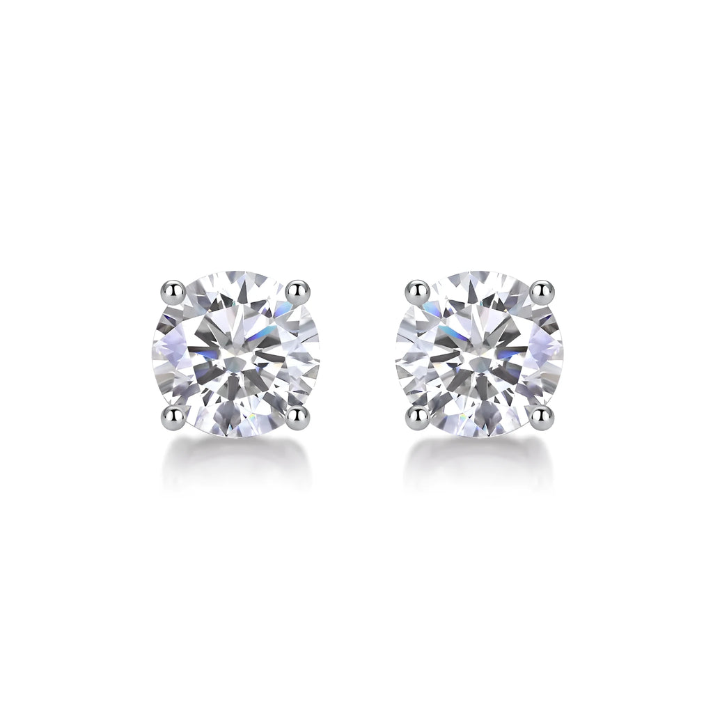 Pair of moissanite stud earrings with platinum-plated S925 silver settings, on a gift box, available in black or transparent stones
