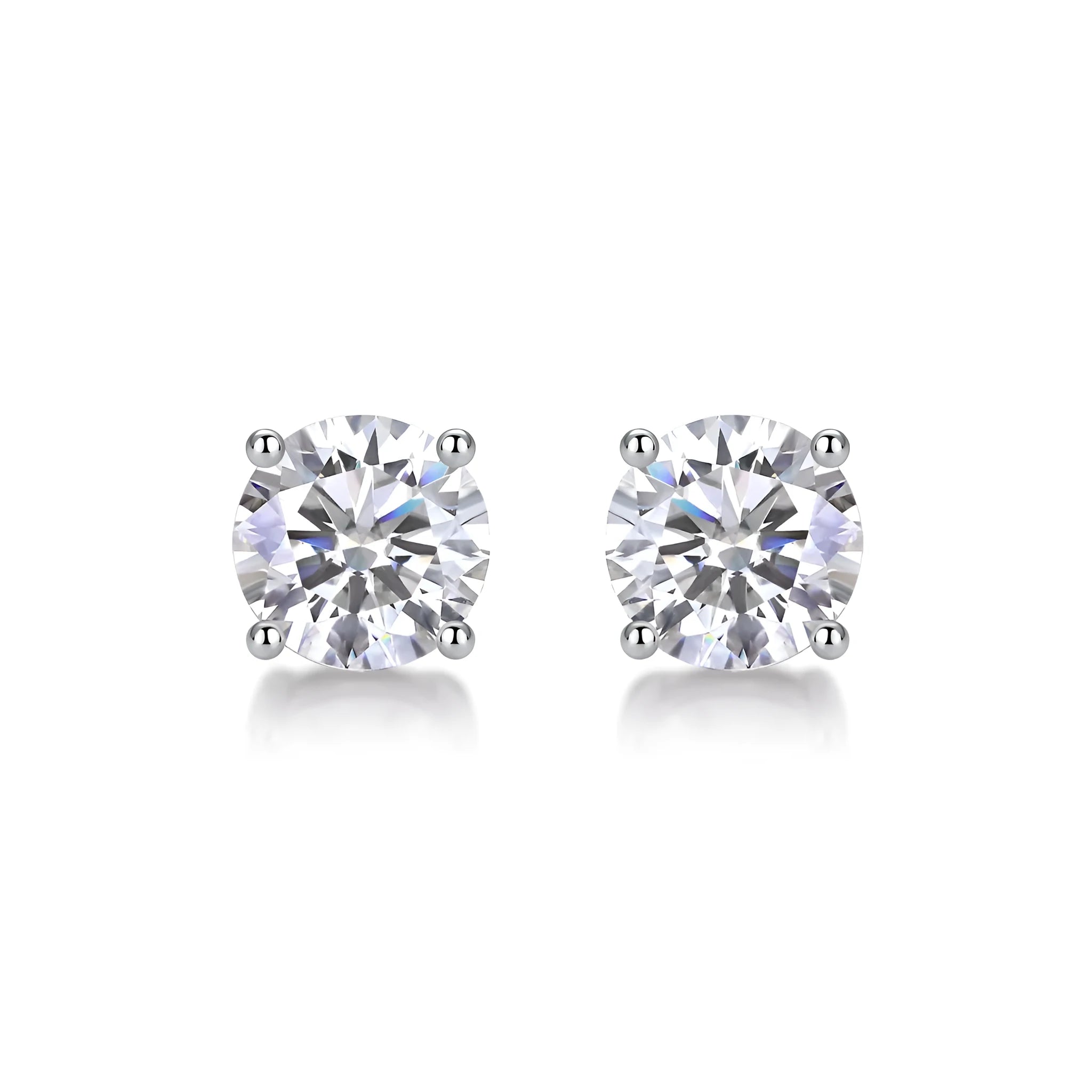 Pair of moissanite stud earrings with platinum-plated S925 silver settings, on a gift box, available in black or transparent stones