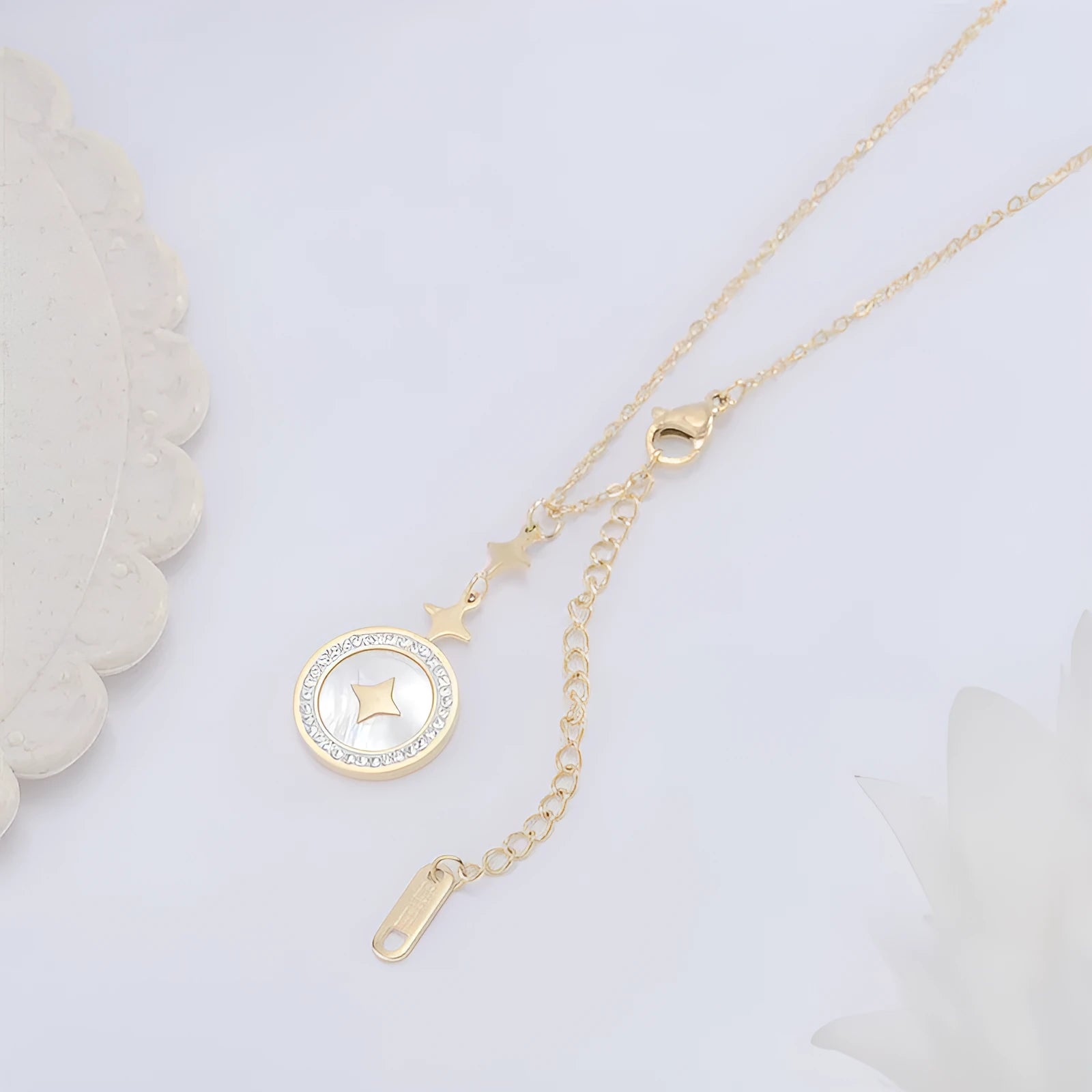 Gold titanium steel necklace with six-pointed star diamond pendant on O-ring chain