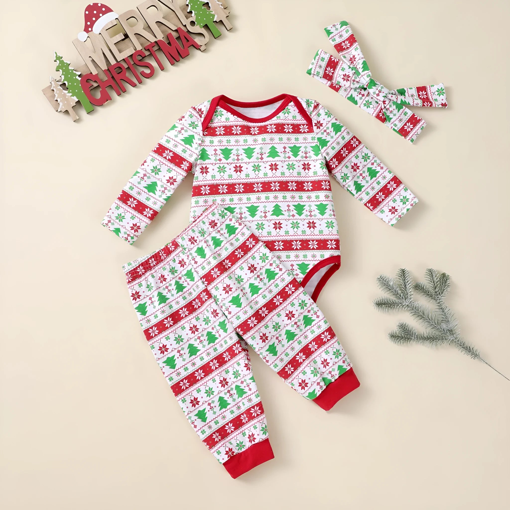 Christmas tree print three-piece baby outfit with bodysuit pants and hat on white background