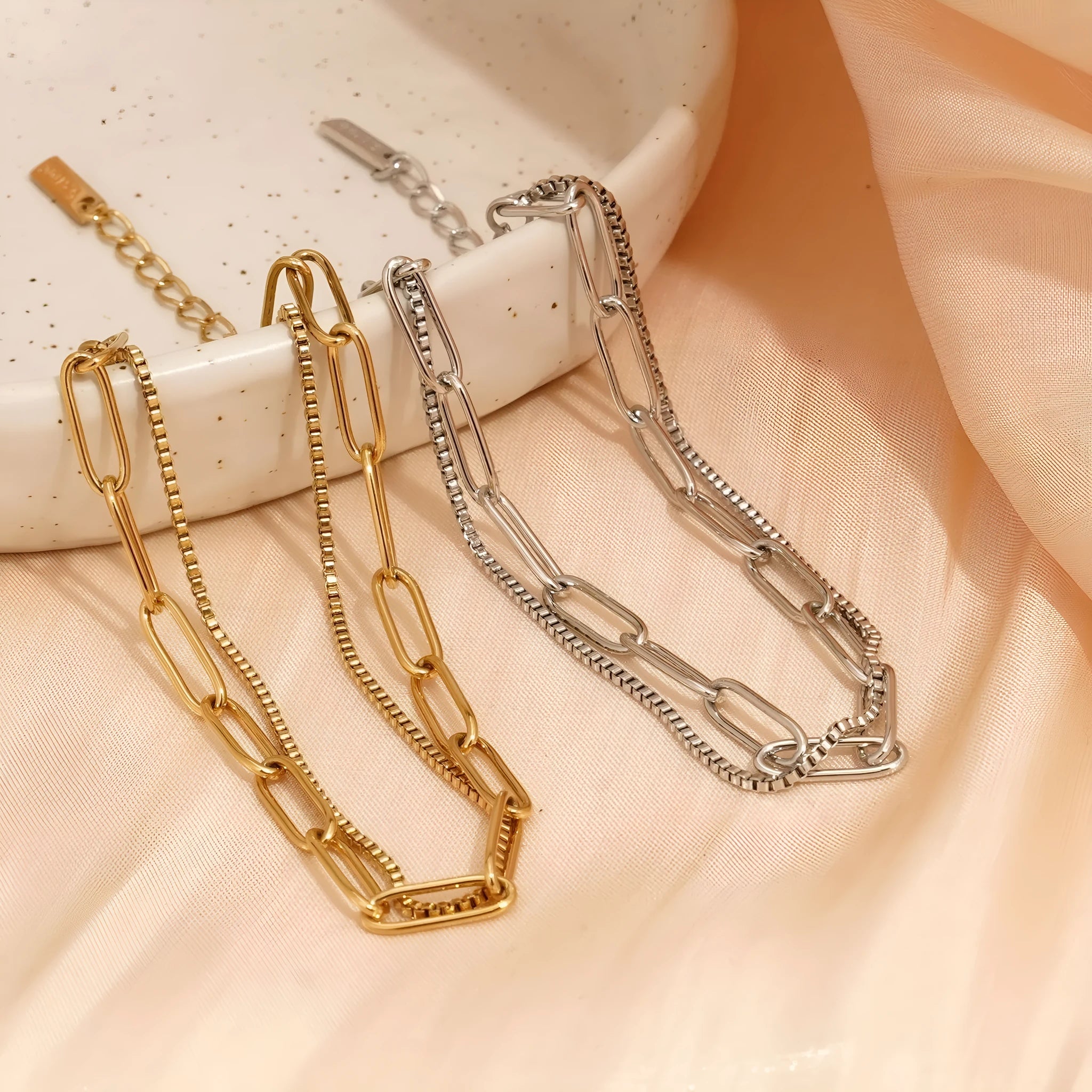 Double layer twin titanium steel bracelet with geometric lines in gold or silver finish