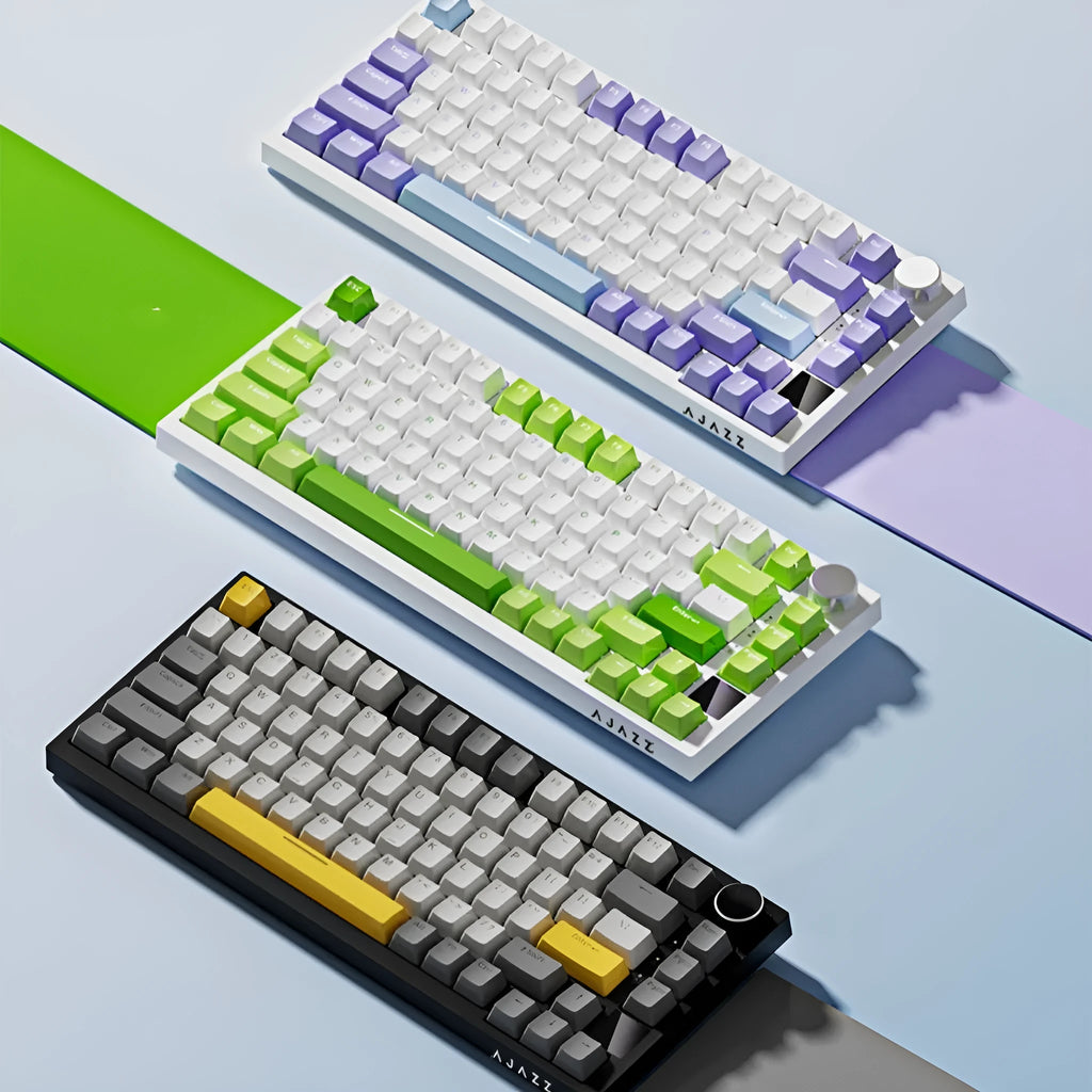 Wireless Bluetooth three-mode mechanical keyboard with hot swap side engraving, black PBT keycaps on desk