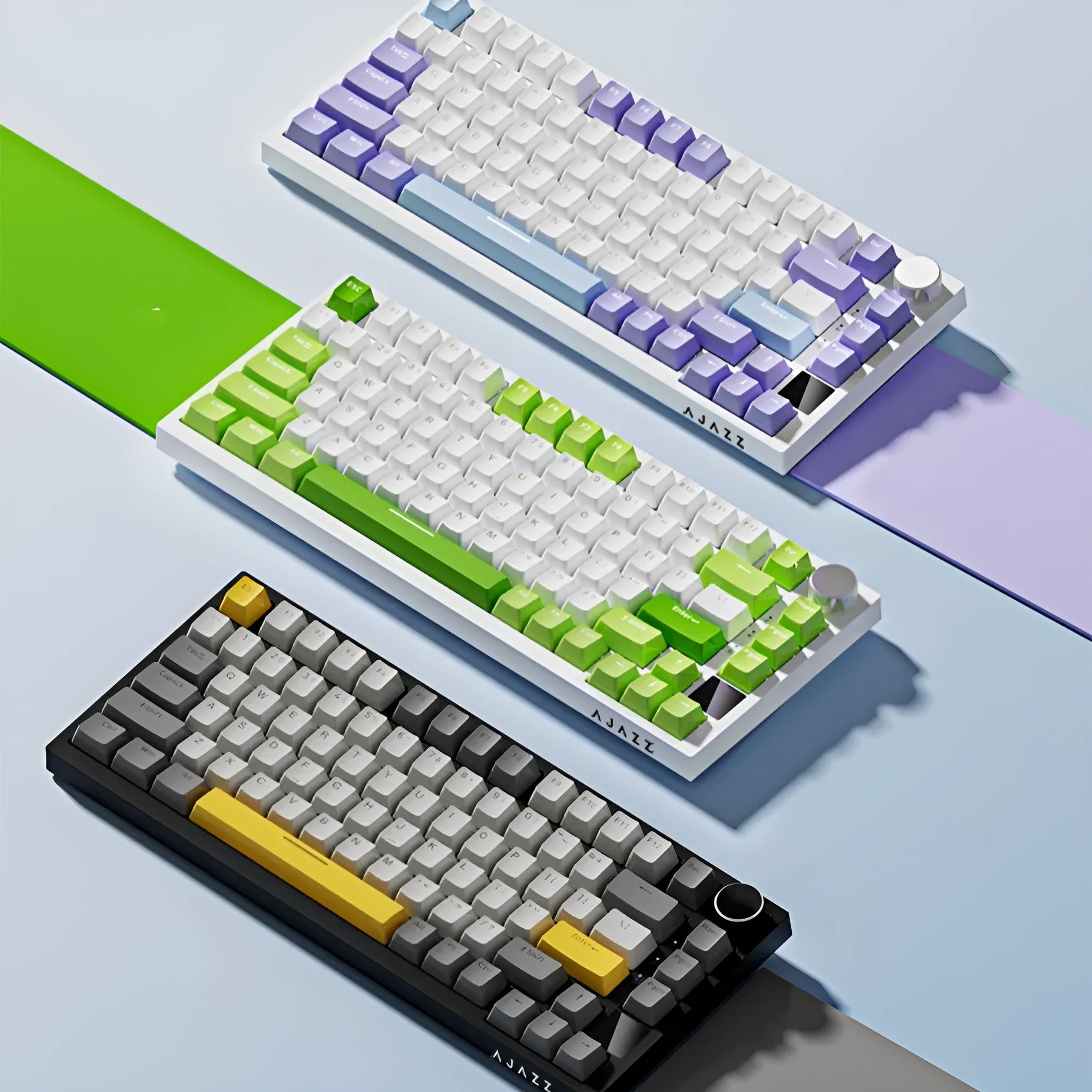 Wireless Bluetooth three-mode mechanical keyboard with hot swap side engraving, black PBT keycaps on desk