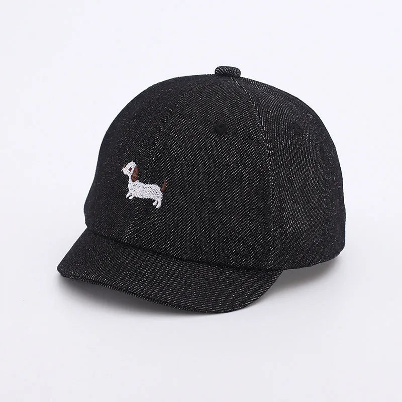 Denim puppy print baseball cap for babies with dome crown and short brim in black, dark blue, or light blue