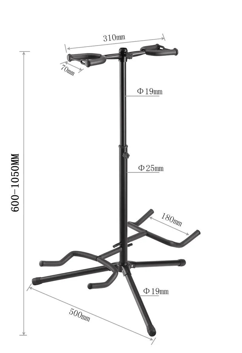 Black vertical double-headed adjustable guitar stand holding two guitars