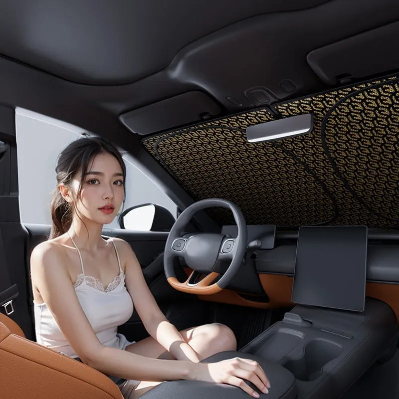 Laser titanium silver car sunshade for front windscreen, aluminium foil construction with storage bag