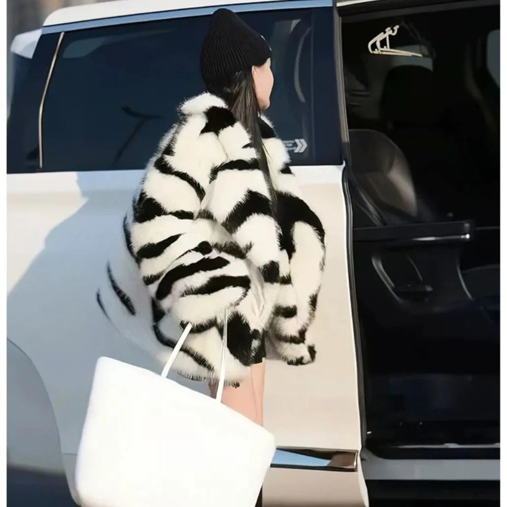 Women's zebra stripe skimmer collar long sleeve top in fur-like polyester, medium length, street fashion style