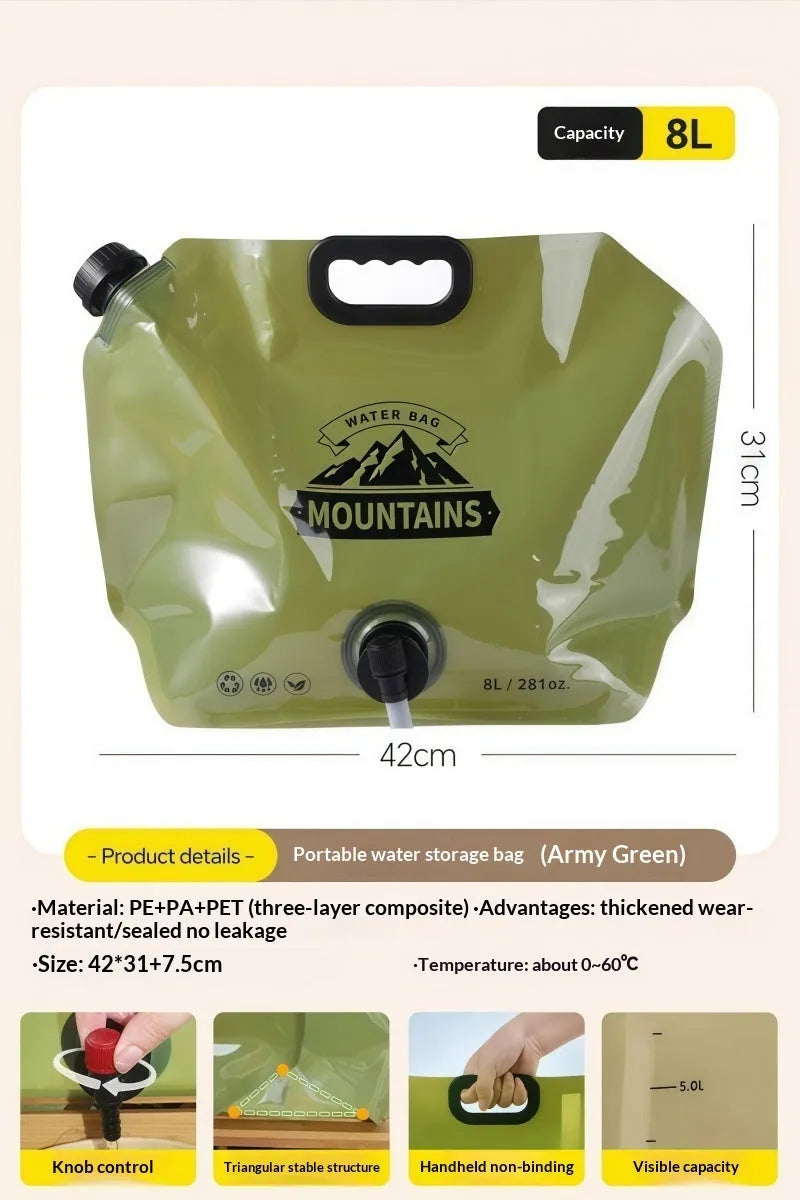 8L outdoor water storage bag in PE nylon PET with waterproof fabric for camping hiking fishing