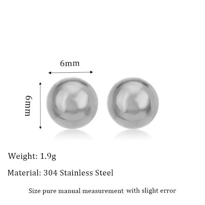 Minimalist stainless steel ball stud earrings in gold or silver, showing 3mm, 4mm, 5mm, and 6mm size options.