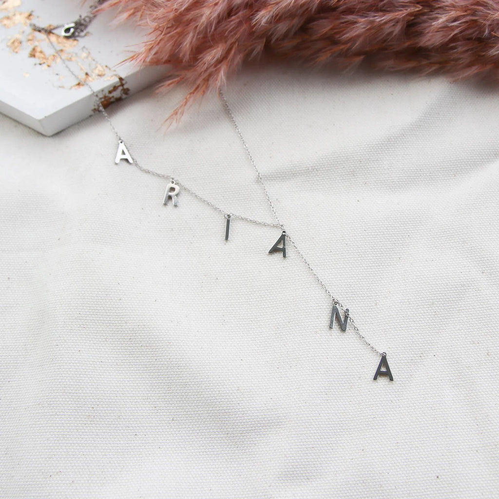Lariat Y name necklace with dainty bubble letters pendant gold colour on copper O chain