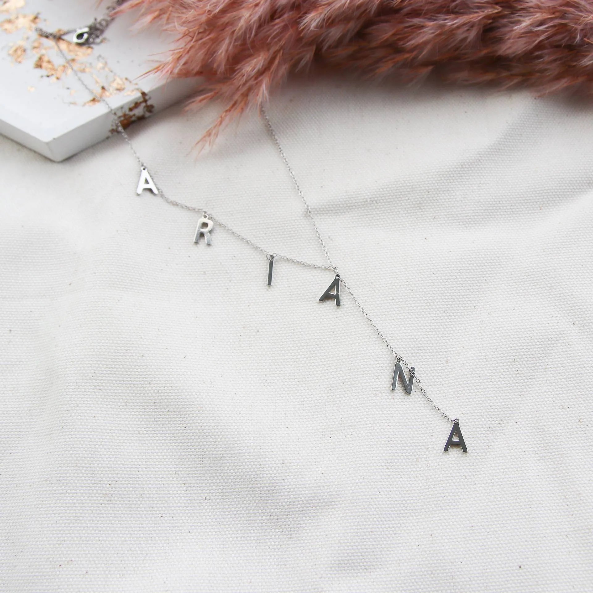 Lariat Y name necklace with dainty bubble letters pendant gold colour on copper O chain