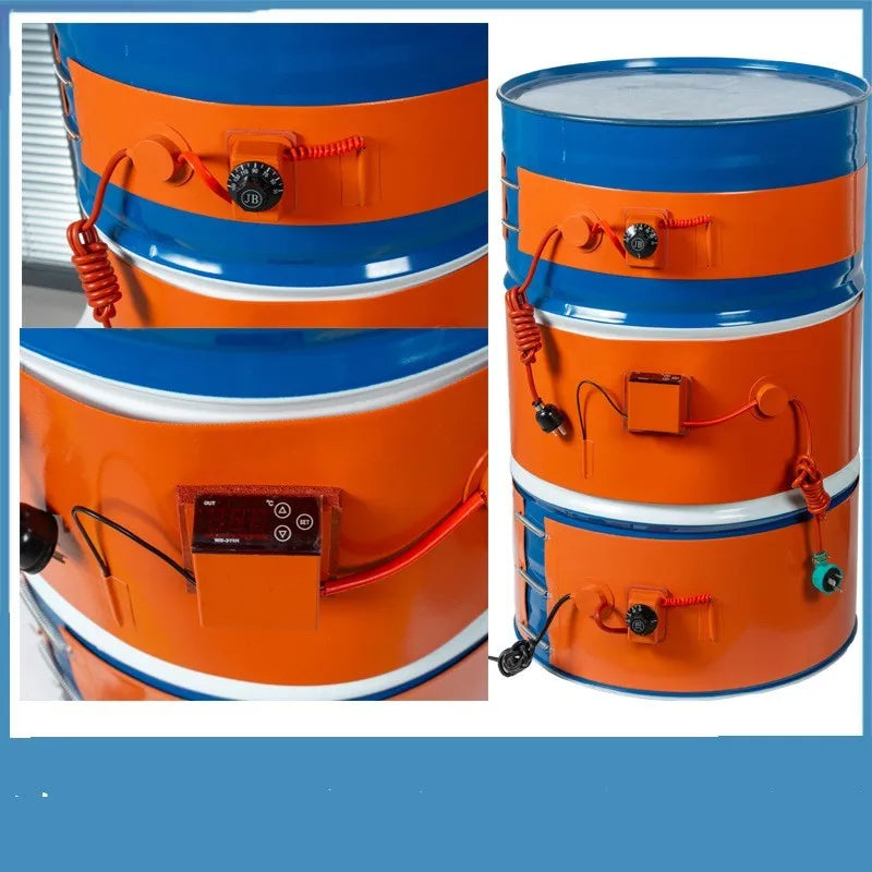 Silicone rubber heating belt wrapped around 200-litre oil drum with digital temperature controller
