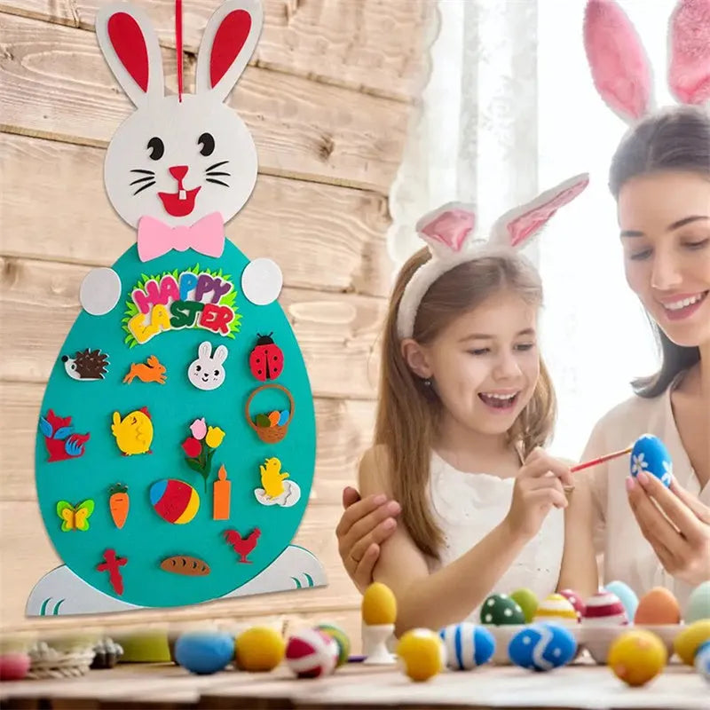 Easter DIY felt bunny pendant with detachable egg patches and letters on a light pink background