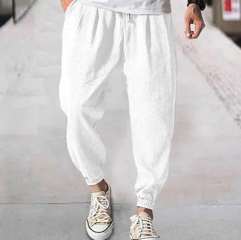 Men's casual cotton banded ankle pants in loose summer fit showing seven colour options