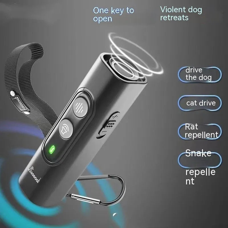 Black high power portable ultrasonic dog repellent device with hanging rope, effective up to 10 metres