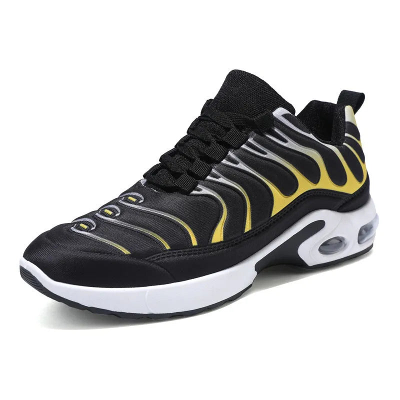 Colour-blocked lace-up sneakers for men with breathable fabric upper, rubber sole, and air cushion support in black and grey